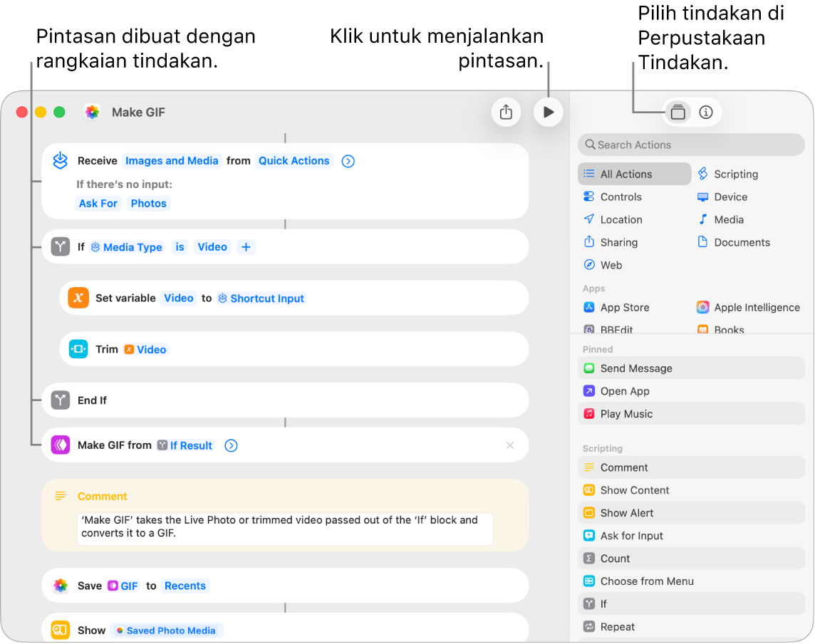 Editor Pintasan di sebelah kiri, yang menampilkan tindakan di pintasan Jadikan GIF.
