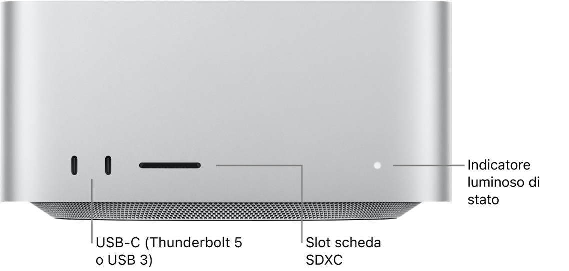 Il lato anteriore di Mac Studio che mostra due porte USB-C, lo slot scheda SDXC e l'indicatore luminoso di stato.