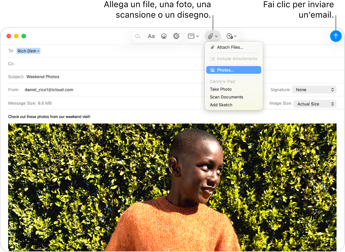 Una finestra di Mail che mostra la bozza di un nuovo messaggio. Il menu a comparsa mostra le opzioni per allegare le foto oppure per scattare una foto, scansionare un documento o aggiungere una bozza da un dispositivo nelle vicinanze.