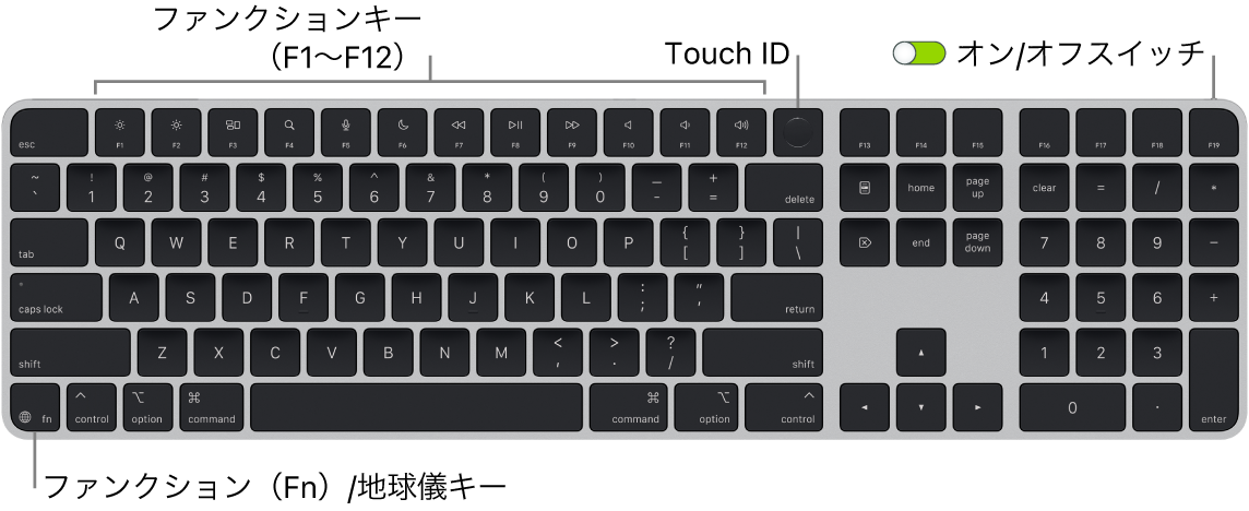 Touch IDを搭載したテンキー付きMagic Keyboard。上部には1列に並んだファンクションキーとTouch ID、左下にはファンクション（Fn）/地球儀キーがあります。