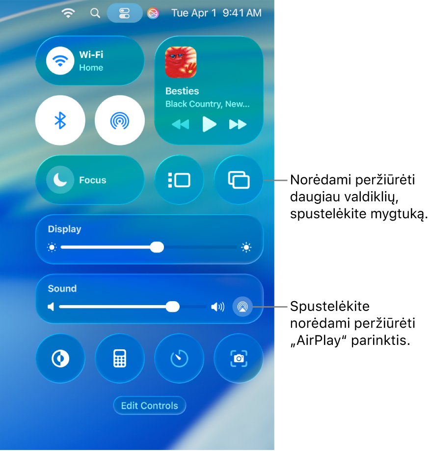 Priartintas „Mac“ funkcijos „Control Center“ rodinys.