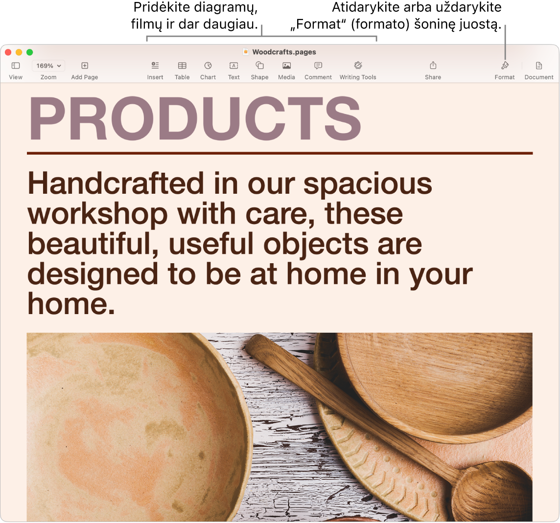 „Pages“ langas, kuriame rodomas pagal šabloną sukurtas dokumentas. Tai šaukiniai, naudojami norint įtraukti diagramų, filmų ir kt. į šoninę juostą, ir šaukinys, naudojamas norint atidaryti ar uždaryti „Formato“ šoninę juostą.