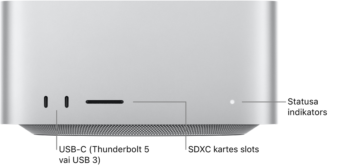 Mac Studio priekšpuse, kur redzami divi USB-C porti, SDXC kartes slots un statusa indikators.