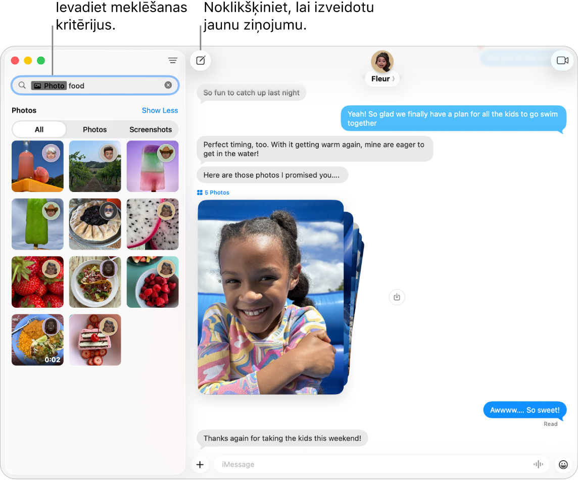 Logs Messages ar meklēšanas rezultātiem pa kreisi un sarunu pa labi.