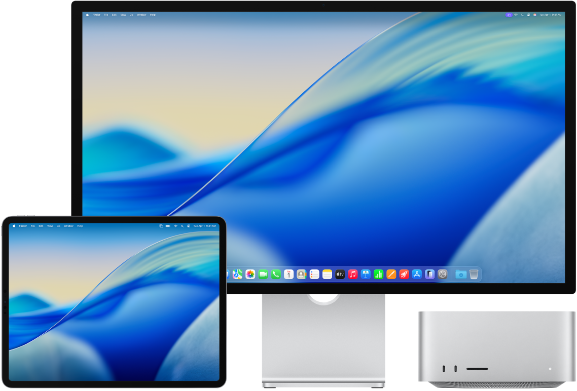 Mac Studio dators un iPad ierīce ir novietoti blakus.