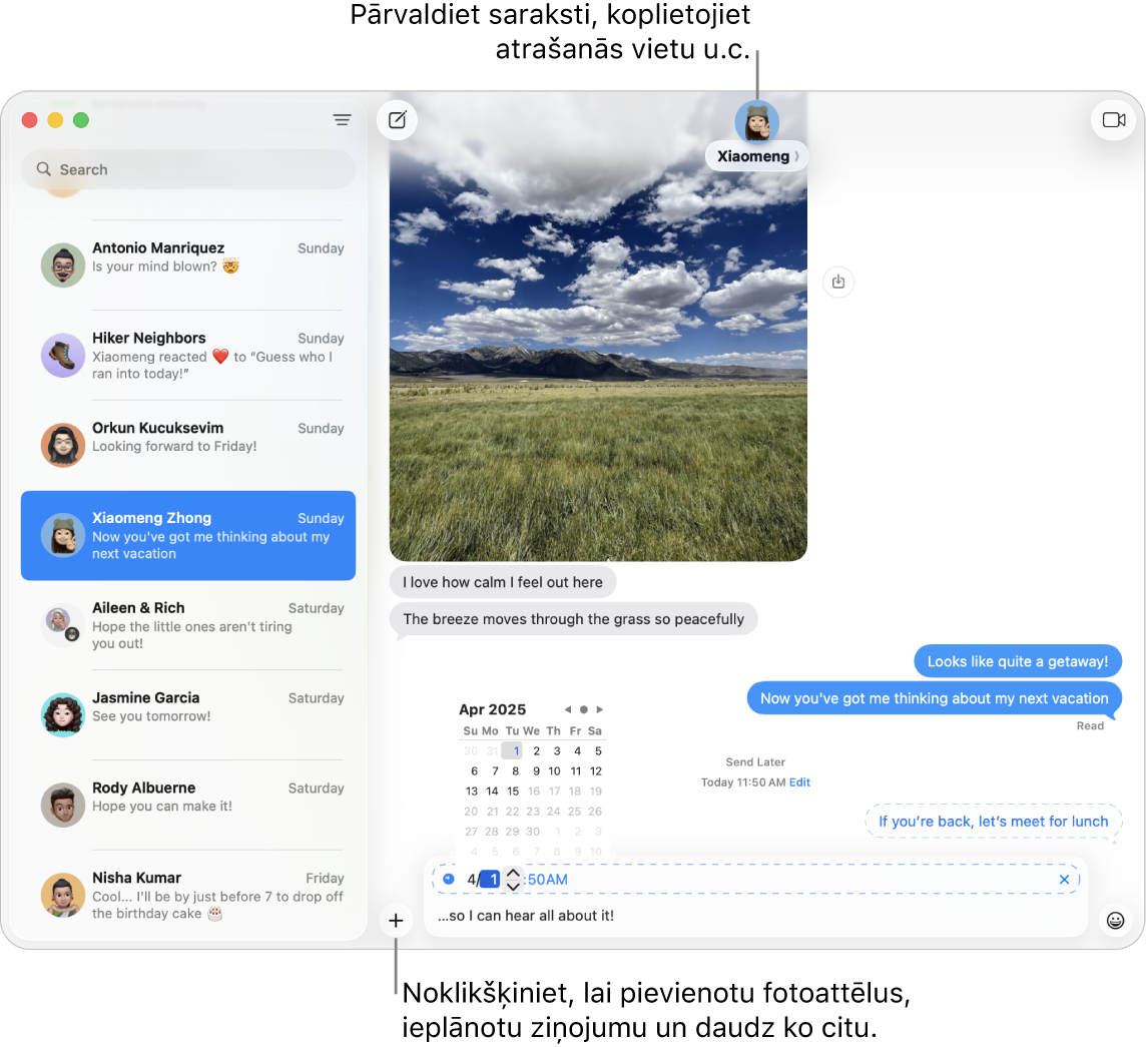 Lietotnes Messages logs, kurā redzama sarakste. Ziņojumu tiek ieplānots nosūtīt vēlākā datumā.