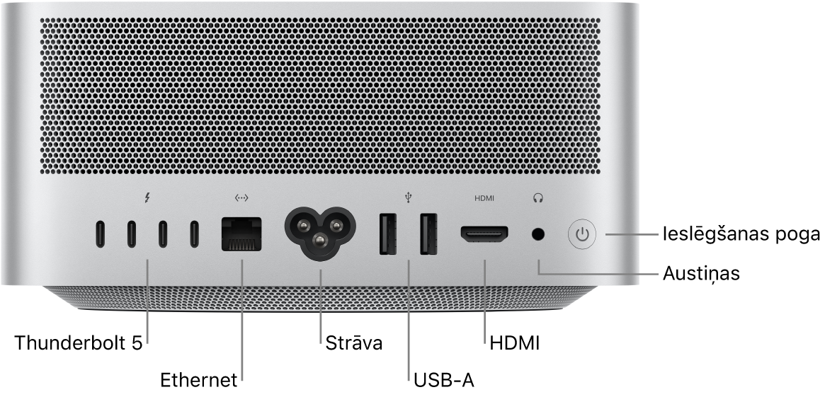 Mac Studio datora aizmugure, kur redzami Thunderbolt 5 (USB-C) porti, Gigabit Ethernet ports, barošanas ports, divi USB-A porti, HDMI ports, 3,5 mm austiņu ligzda un ieslēgšanas poga.