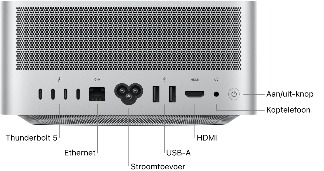 De achterkant van een Mac Studio met vier Thunderbolt 5-poorten (USB-C), een Gigabit ethernetpoort, een poort voor het netsnoer, twee USB-A-poorten, een HDMI-poort, een 3,5-mm koptelefoonaansluiting en de aan/uit-knop.