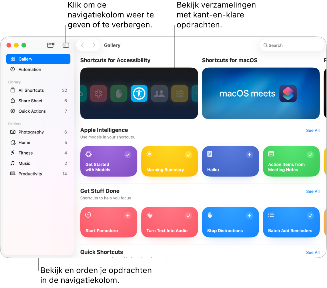 Het Opdrachten-venster met de navigatiekolom aan de linkerkant en de galerie aan de rechterkant, met verzamelingen kant-en-klare opdrachten.
