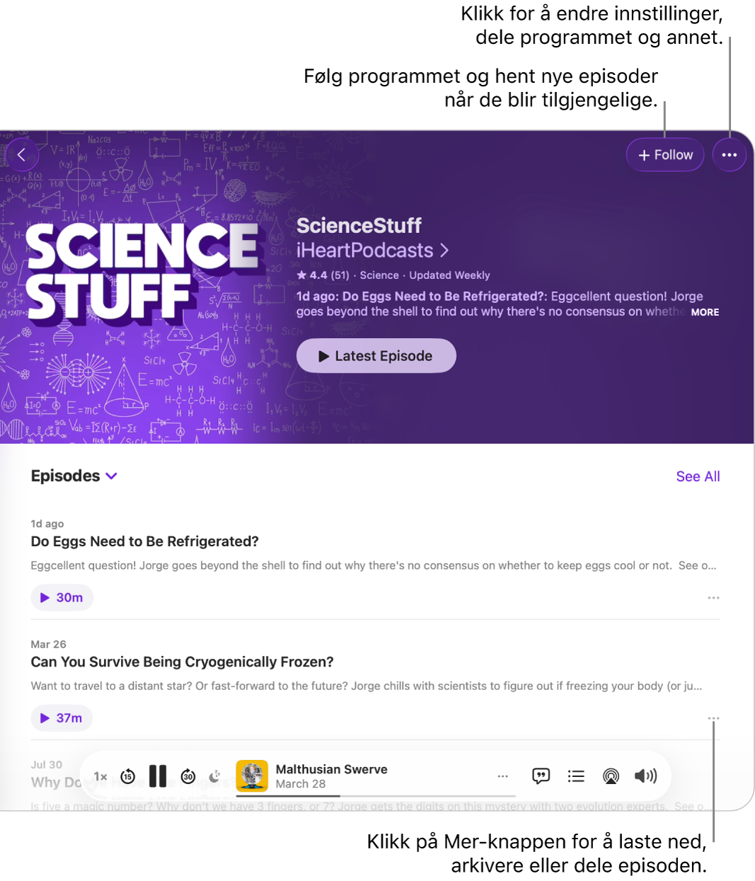 Et Podkaster-vindu viser en liste over episoder i en podkast. Følg-knappen øverst i vinduet gjør det mulig å følge programmet, og Mer-knappen ved siden av hver episode gjør det mulig å laste ned eller arkivere episoden.