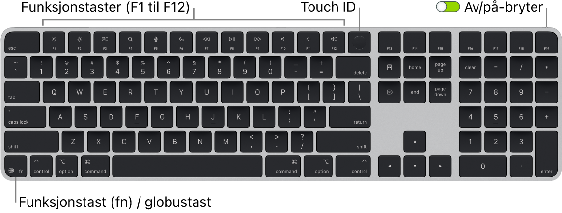 Magic Keyboard med Touch ID og talltastatur vises. Raden med funksjonstaster og Touch ID er øverst og funksjonstasten (Fn) / globustasten er nederst til venstre.