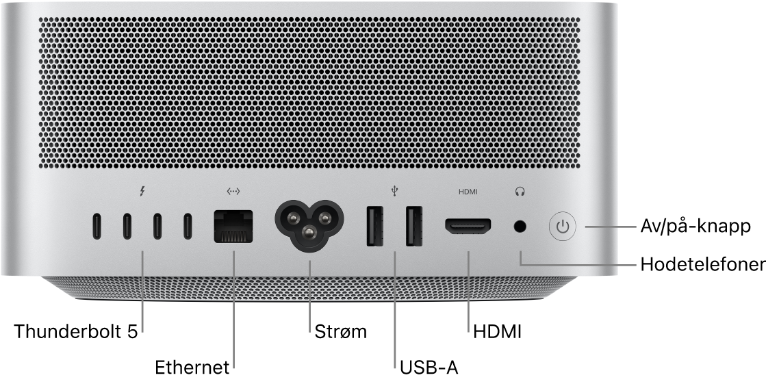 Baksiden av Mac Studio med fire Thunderbolt 5-porter (USB-C), Gigabit Ethernet-port, strøminntak, to USB-A-porter, HDMI-port, hodetelefonutgang (3,5 mm) og av/på-knapp.
