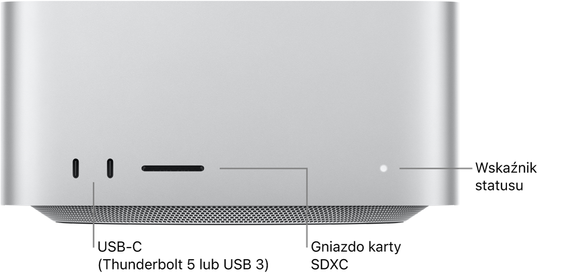 Widok Maca Studio z przodu z widocznymi dwoma gniazdami USB-C, gniazdem karty SDXC oraz lampką wskaźnika statusu.