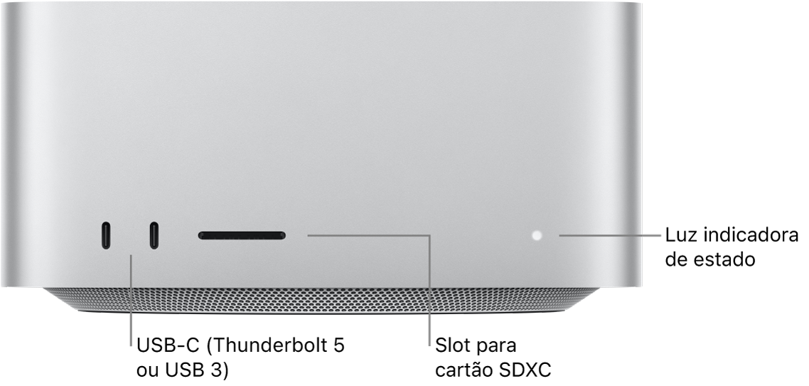 A frente do Mac Studio mostrando duas portas USB-C, o slot de cartão SDXC e a luz indicadora de estado.