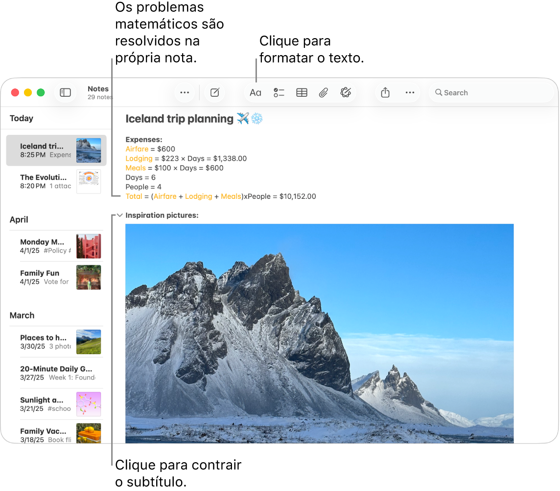 Janela do app Notas mostrando cálculos de uma viagem e uma imagem do destino.