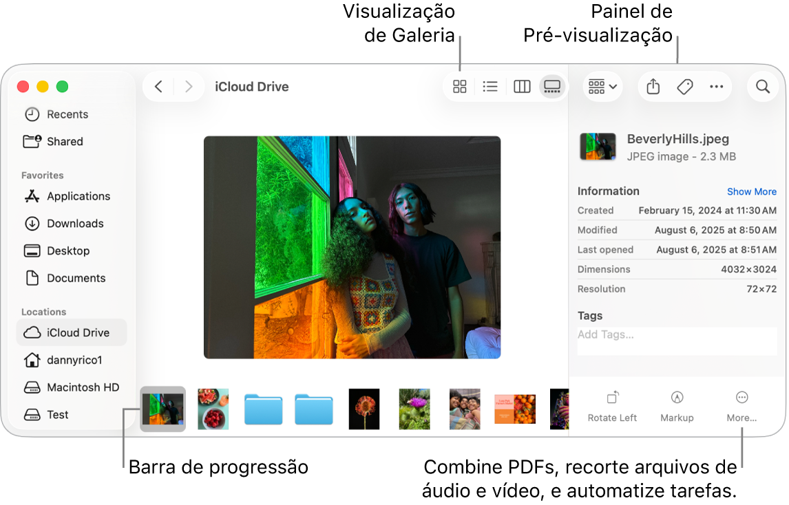 Uma janela do Finder aberta na “Visualização de Galeria” mostrando uma foto grande com uma linha de fotos menores — a barra de exploração — abaixo dela. Controles para rotação, marcação e outras funções estão à direita da barra de exploração.