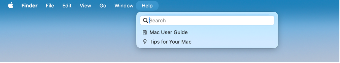 Parte da secretária visível, com o menu Ajuda aberto, a mostrar as opções de menu para Pesquisa e Manual de Utilização do Mac.