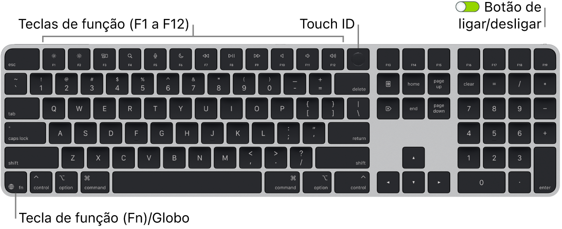 Teclado Magic Keyboard com Touch ID e teclado numérico a mostrar a linha de teclas de função e Touch ID na parte superior, e a tecla de função (Fn)/Globo na parte inferior esquerda.