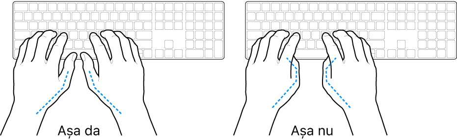 Mâini poziționate deasupra unei tastaturi, indicând alinierea corectă și incorectă a degetelor mari.