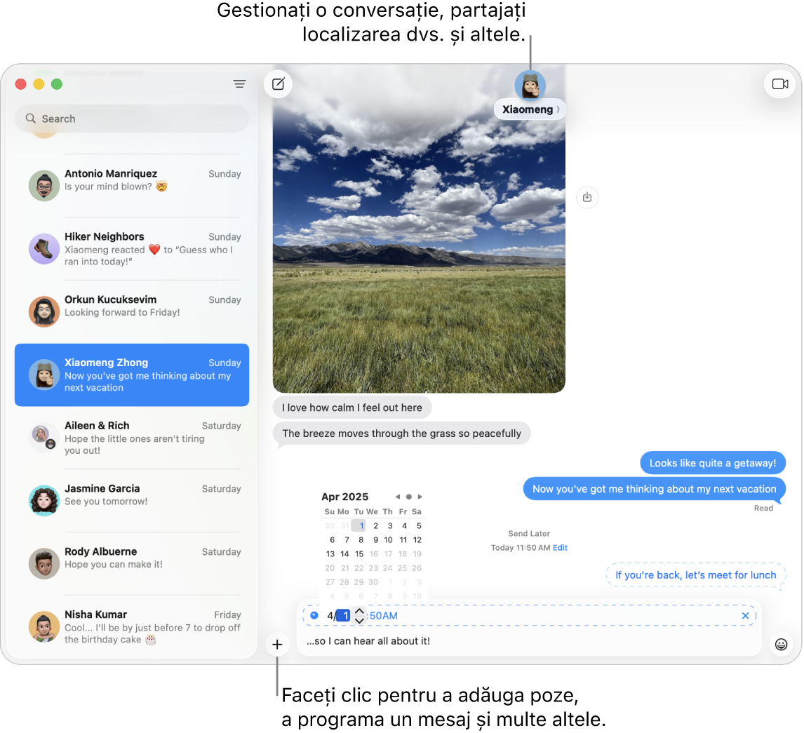 O fereastră Mesaje afișând o conversație. Un mesaj este în curs de programare pentru a fi trimis la o dată ulterioară.