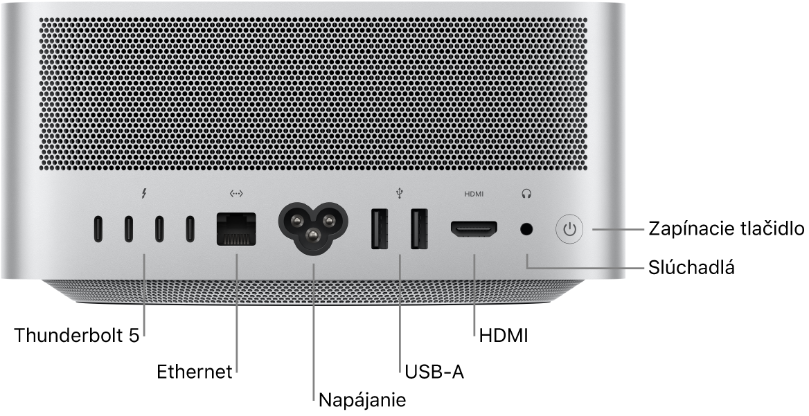 Zadná strana Macu Studio zobrazujúca štyri Thunderbolt 5 (USB-C) porty, Gigabit Ethernet port, napájací port, dva USB-A porty, HDMI port, 3,5 mm konektor slúchadiel a zapínacie tlačidlo.