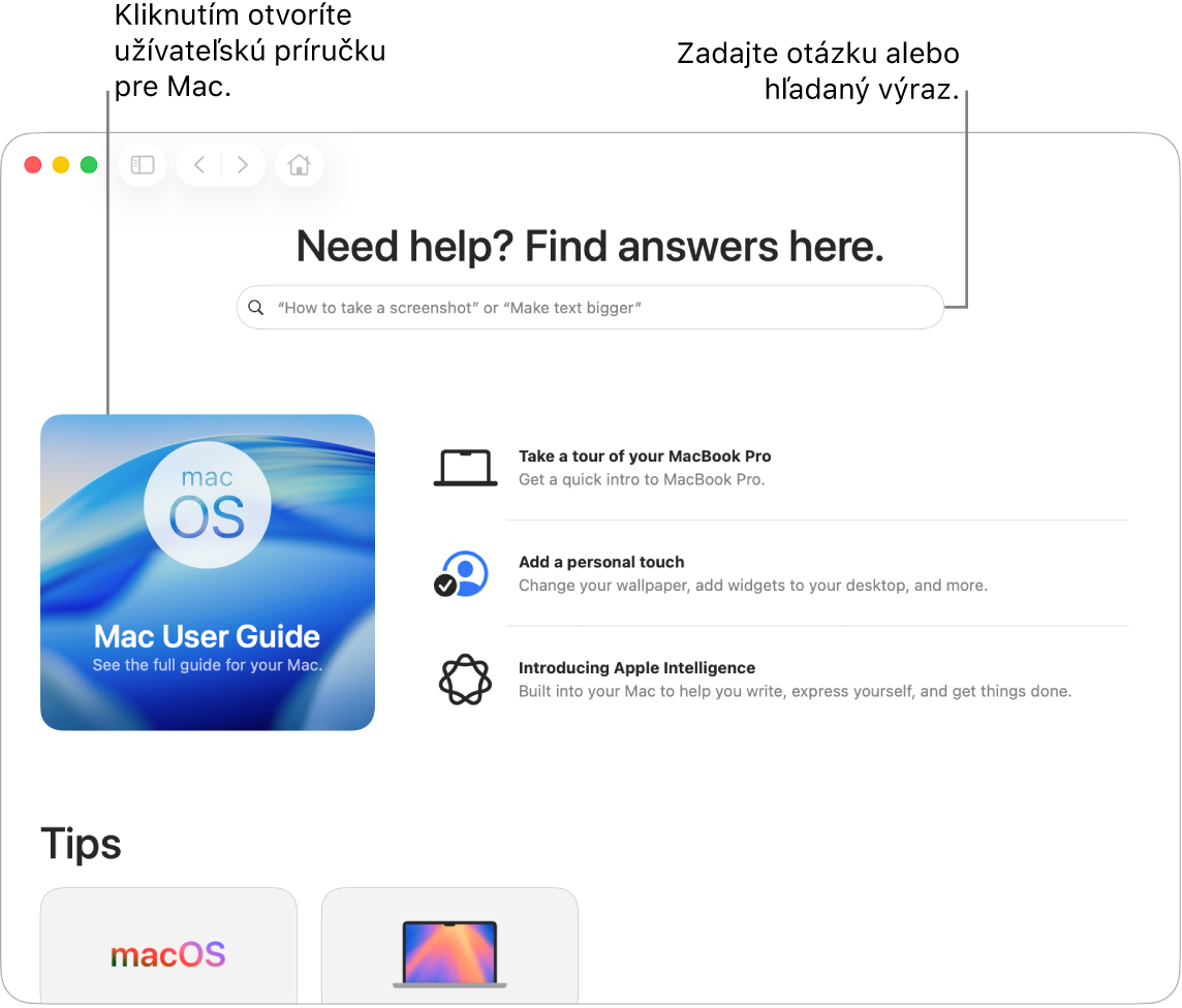 Úvodná stránka apky Tipy zobrazujúca užívateľskú príručku pre Mac, vyhľadávacie pole a navrhované témy.