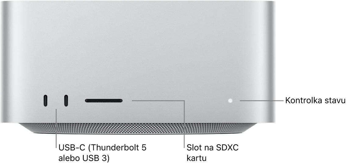 Predná časť Mac Studia zobrazujúca dva porty USB-C, slot pre karty SDXC a svetelný indikátor stavu.