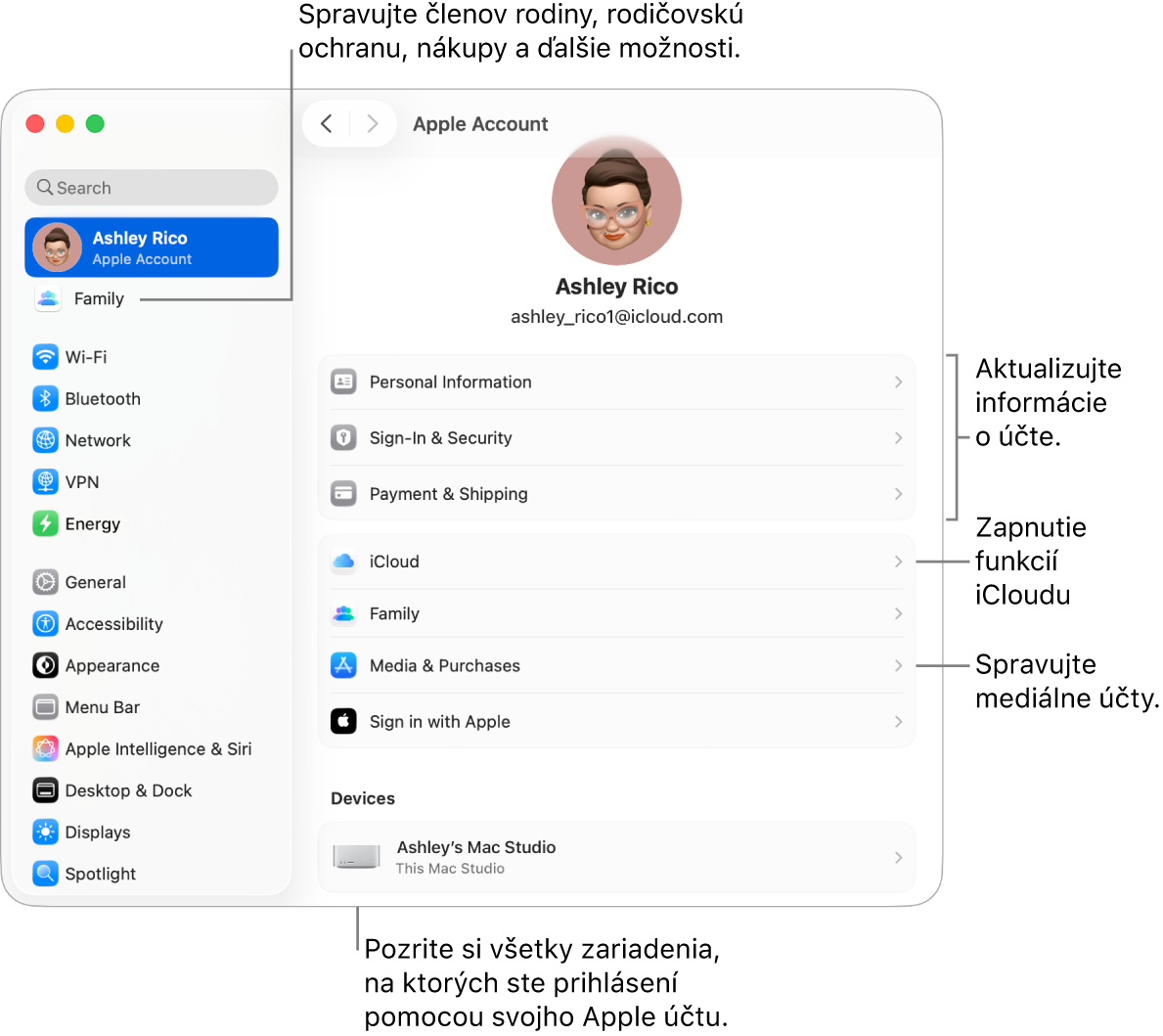 Nastavenia Apple účet v Systémových nastaveniach s popismi na aktualizáciu informácií o účte, zapnutie alebo vypnutie funkcií iCloudu, správu mediálnych účtov a položku Rodina, kde môžete spravovať členov rodiny, rodičovskú ochranu, nákupy a ďalšie možnosti..