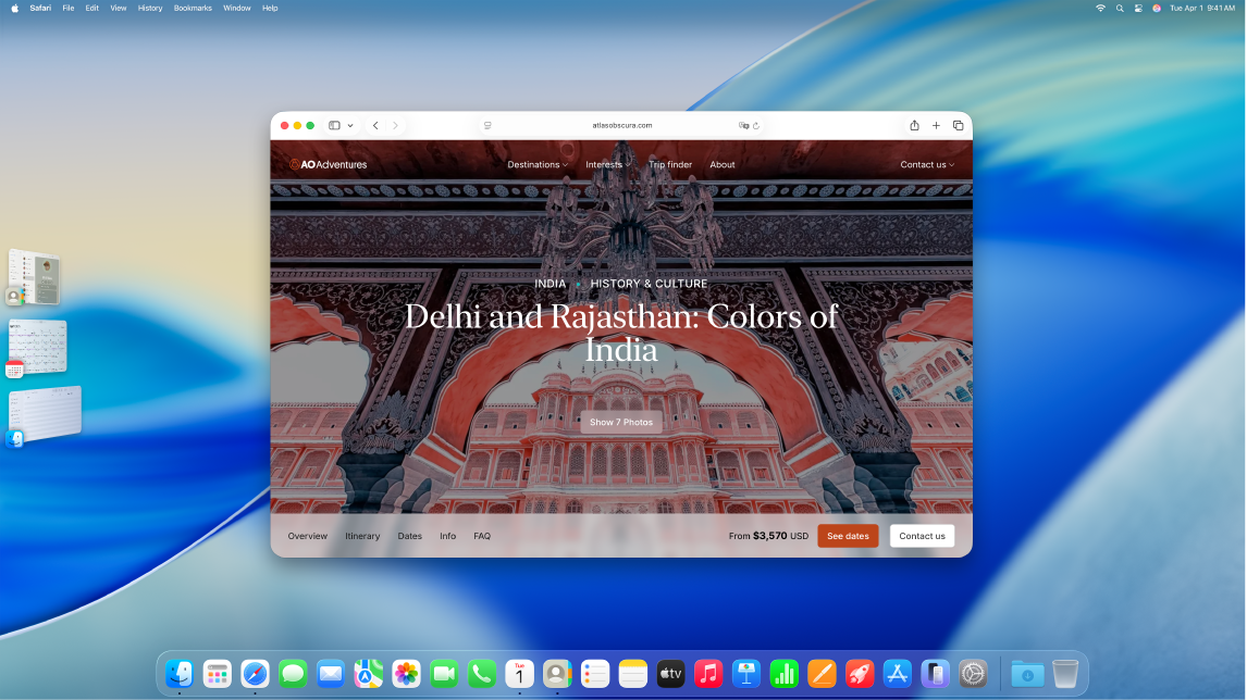 Obrazovka, na ktorej je Stage Manager s oknom Safari na hlavnej stránke a ďalšími apkami na ľavej strane.
