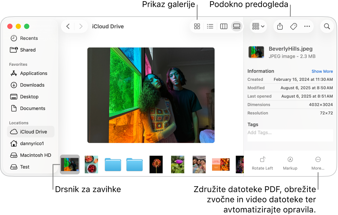 Odprto okno aplikacije Finder v pogledu Gallery prikazuje veliko fotografijo, pod njo pa je vrstica z manjšimi fotografijami – vrstica za upravljanje. Na desni strani vrstice za upravljanje so upravljalni elementi za obračanje, označevanje in dodatne funkcije.