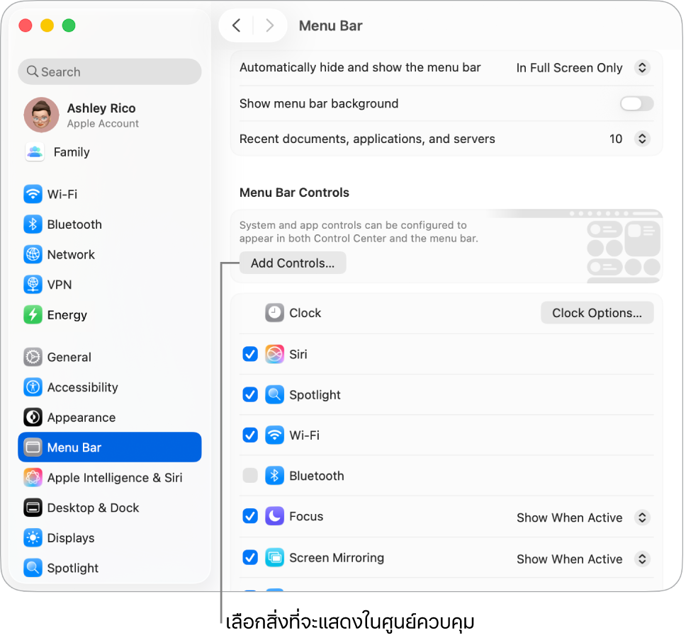 หน้าต่างการตั้งค่าแถบเมนู