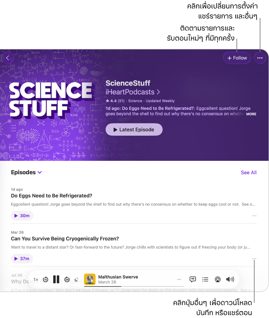 หน้าต่างพ็อดคาสท์ที่แสดงรายการตอนในพ็อดคาสท์ ปุ่มติดตามที่ด้านบนสุดของหน้าต่างช่วยให้คุณติดตามรายการได้ และปุ่มเพิ่มเติมที่อยู่ถัดจากแต่ละตอนช่วยให้คุณดาวน์โหลดหรือบันทึกตอนได้