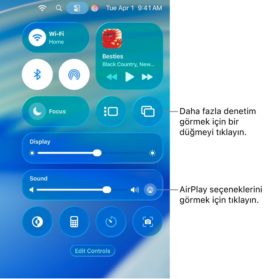 Mac’inizdeki Denetim Merkezi’nin büyütülmüş görüntüsü.