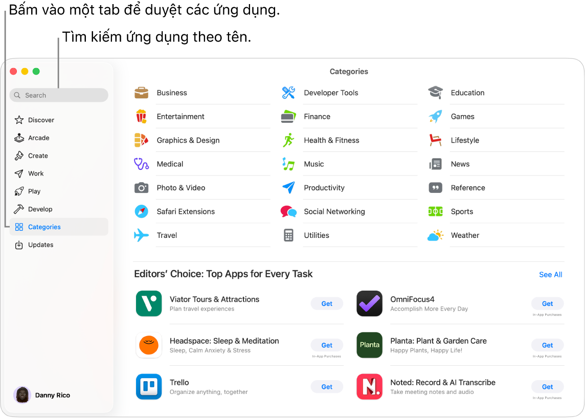 Cửa sổ App Store đang hiển thị trường tìm kiếm và các danh mục ứng dụng.