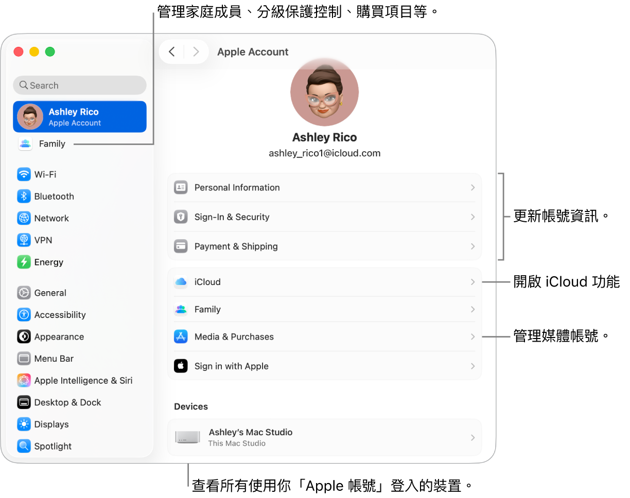 「系統設定」中的「Apple 帳號」設定包含更新帳號資訊、開啟或關閉 iCloud 功能、管理媒體帳號以及可管理家庭成員、分級保護控制、購買項目和更多內容的「家人共享」的說明框。