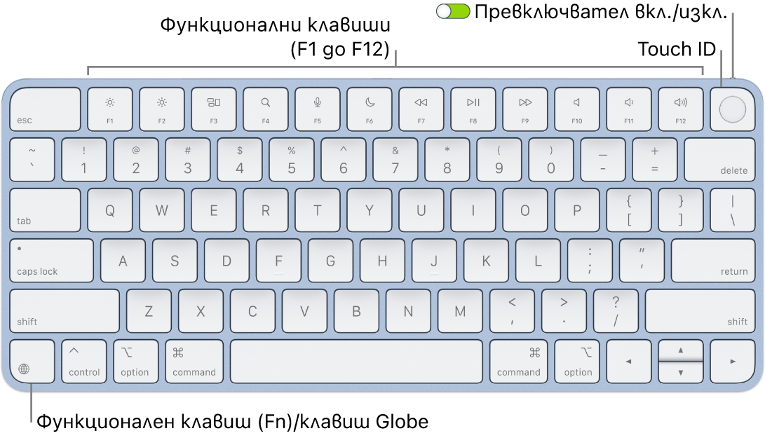 Клавиатурата Magic Keyboard с Touch ID, която показва редицата с функционални клавиши, Touch ID в горния край и клавиша Function (Fn)/Globe в долния ляв ъгъл.