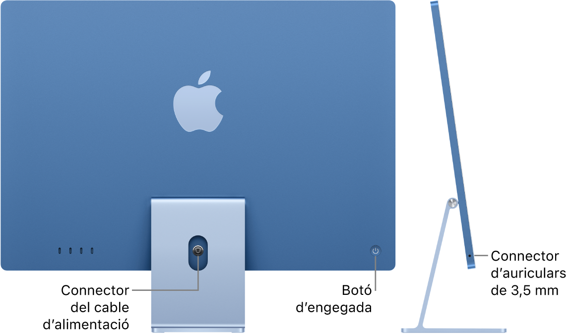 Vista posterior de l’iMac en què es veuen el connector d’alimentació i el botó d’engegada. Al costat, hi ha una vista lateral en què es veu l’entrada dels auriculars.