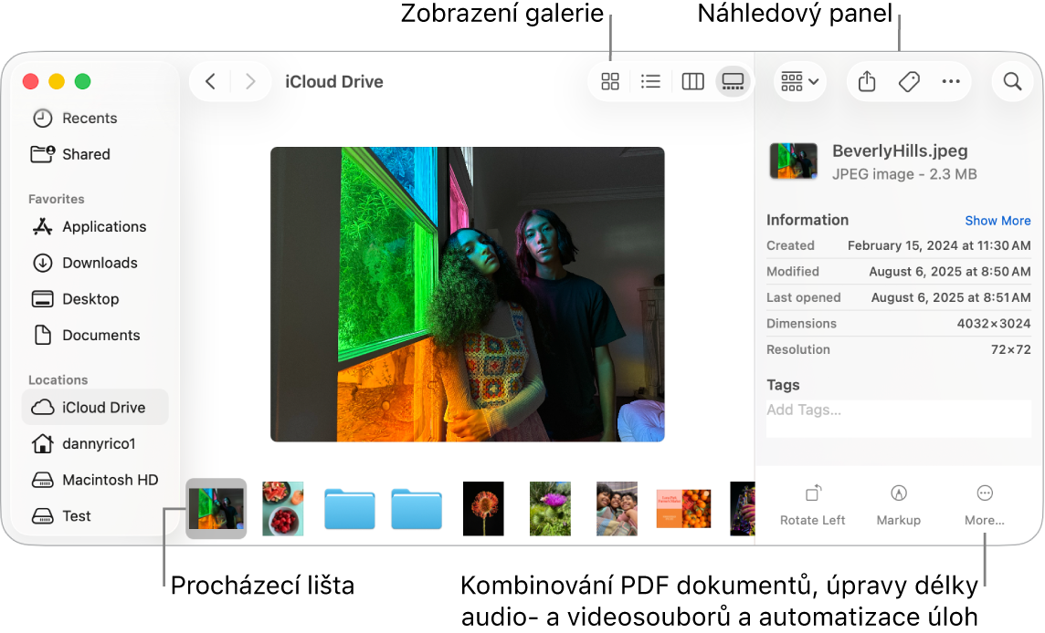 Otevřené okno Finderu se zobrazením galerie, v němž je vidět velká fotka a pod ní řádek menších fotek – procházecí lišta. Napravo od procházecí lišty jsou ovládací prvky pro otáčení, vytváření a úpravy anotací a další akce.