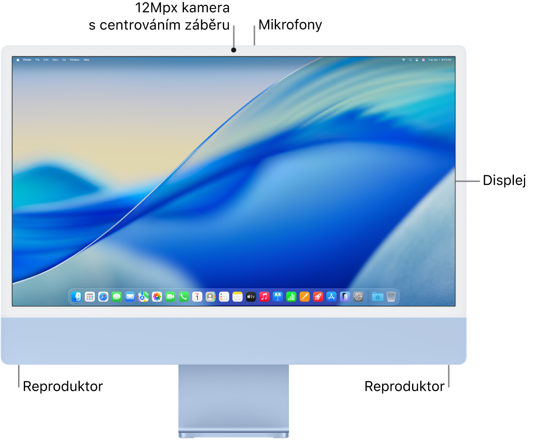 Pohled na přední stranu iMacu s displejem, kamerou, mikrofony a reproduktory