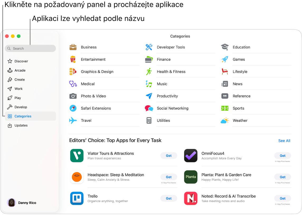 Okno App Storu, v němž jsou vidět vyhledávací pole a různé kategorie aplikací.