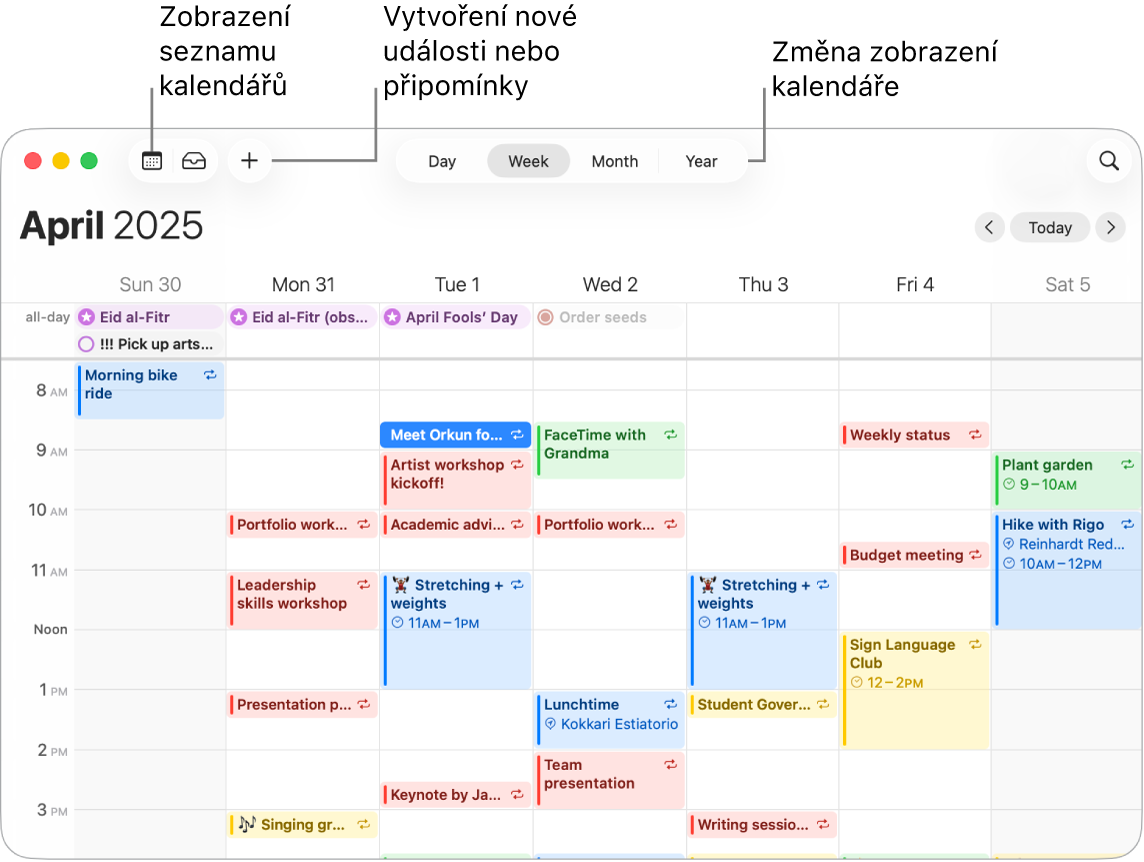 Okno aplikace Kalendář se všemi událostmi a připomínkami naplánovanými na týden. Šipky ukazující směrem k tlačítkům pro seznam kalendářů, vytváření událostí nebo připomínek a změnu zobrazení na Den, Týden, Měsíc nebo Rok.