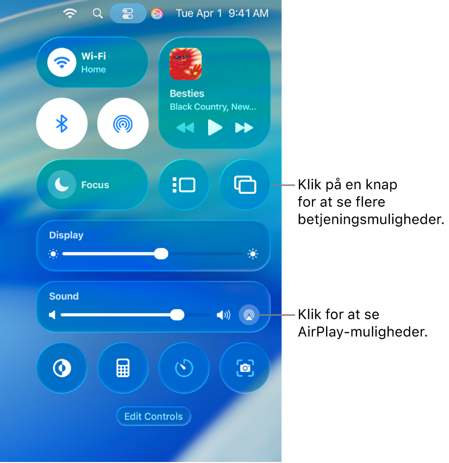 Kontrolcenter i Mac, hvor der er zoomet ind.