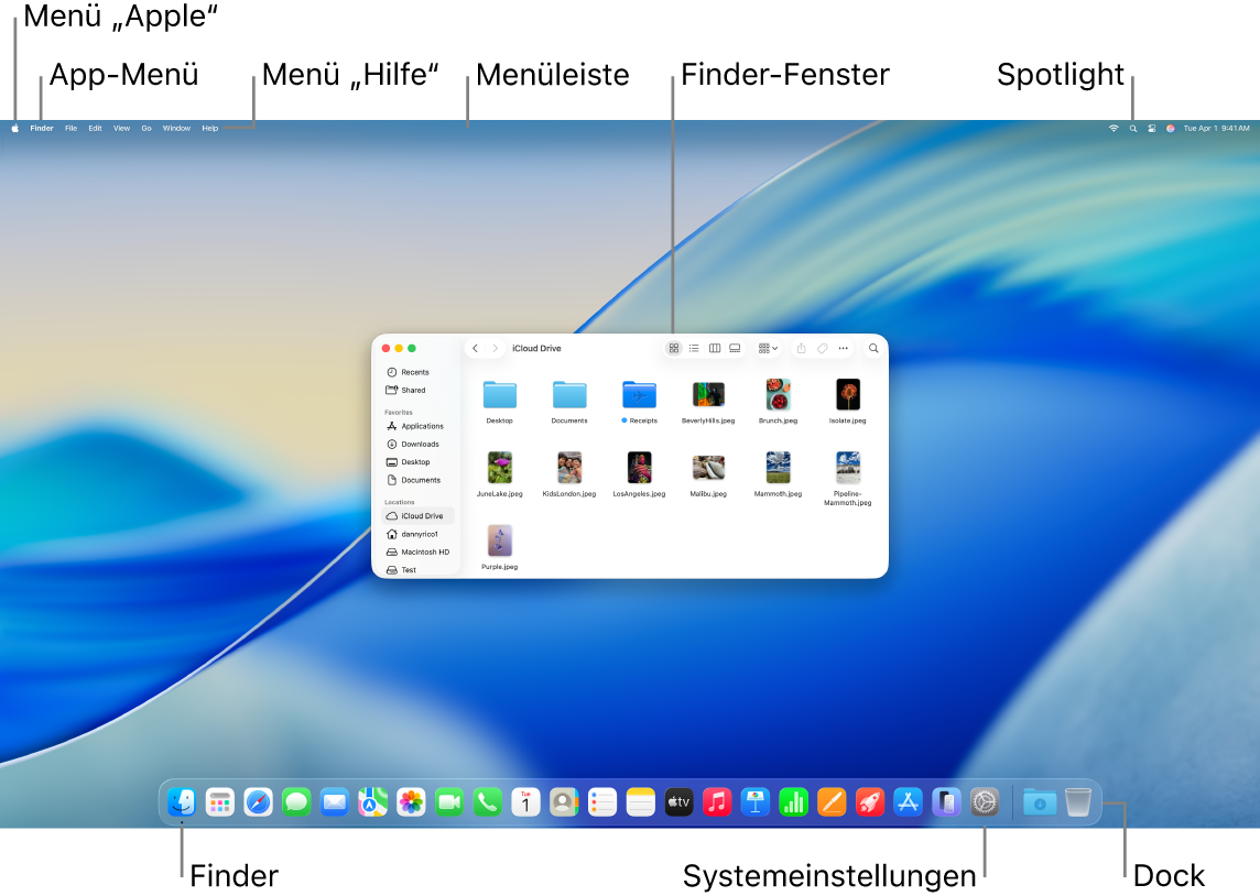 Ein Mac-Bildschirm zeigt das Menü „Apple“, das App-Menü, das Menü „Hilfe“, die Menüleiste, ein Finder-Fenster, das Spotlight-Symbol, das Finder-Symbol, das Symbol „Systemeinstellungen“ und das Dock.