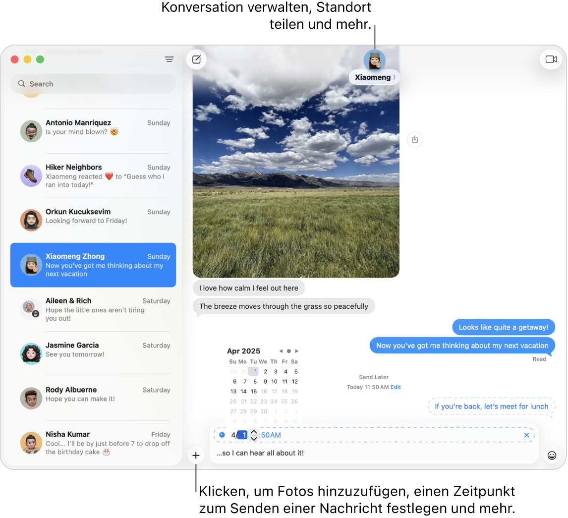 Ein „Nachrichten“-Fenster zeigt eine Konversation. Eine Nachricht wird zum Senden zu einem späteren Zeitpunkt geplant.