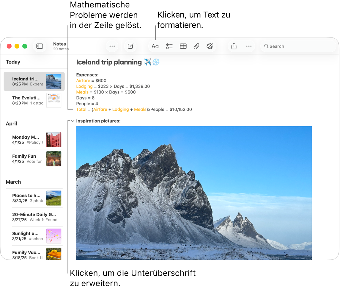 Ein Fenster der App „Notizen“ zeigt die errechneten Ausgaben für eine Reise und ein Bild des Reiseziels.