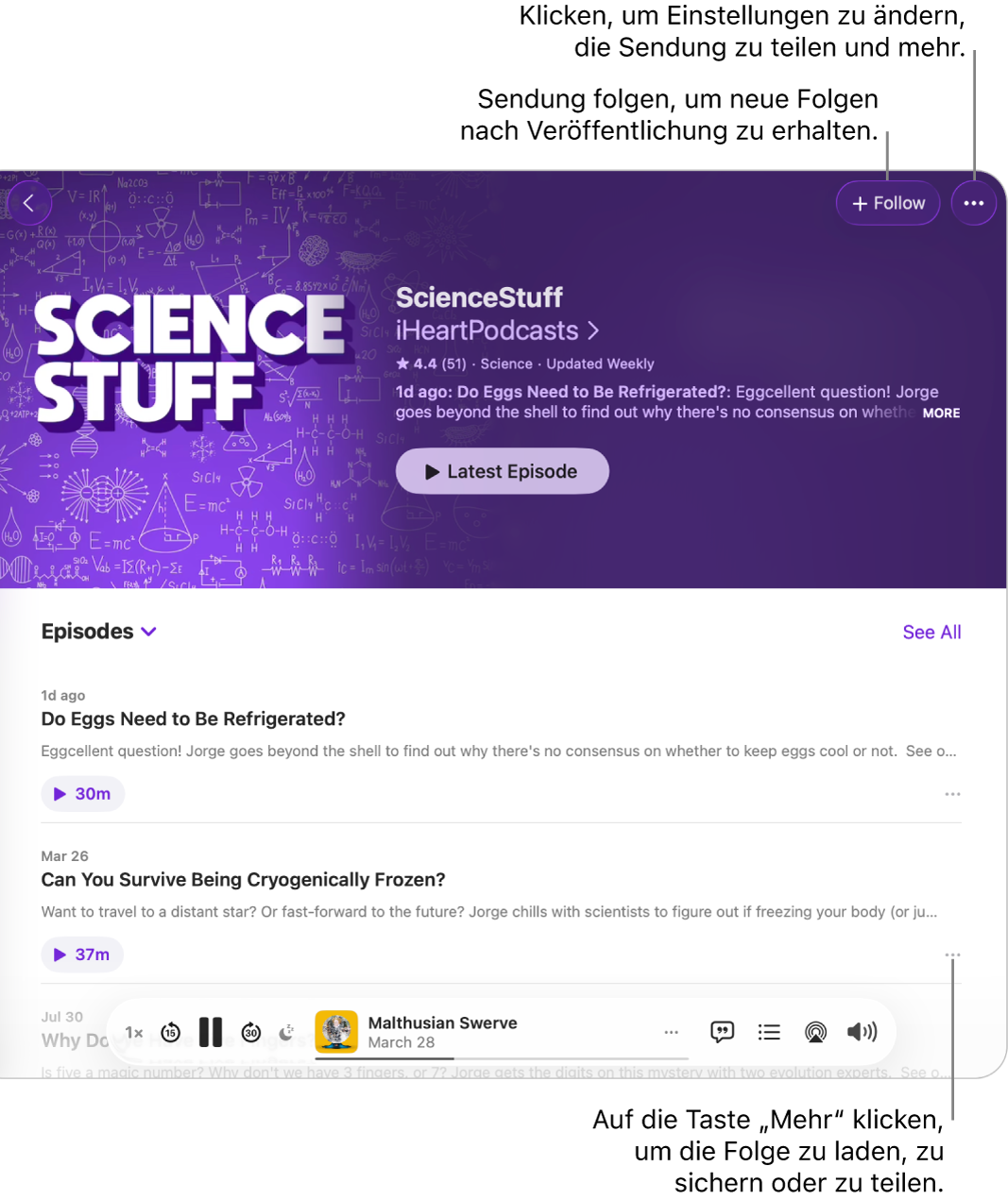 Ein „Podcasts“-Fenster mit einer Liste der Folgen in einem Podcast. Mit der Taste „Folgen“ oben im Fenster kannst du der Sendung folgen und mit der Taste „Mehr“ neben jeder Folge kannst du die Folge laden oder sichern.