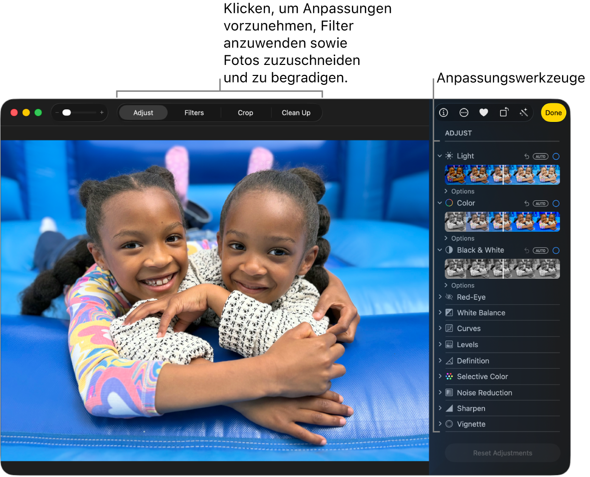 Ein „Fotos“-Fenster zeigt ein Foto, das gerade bearbeitet wird.