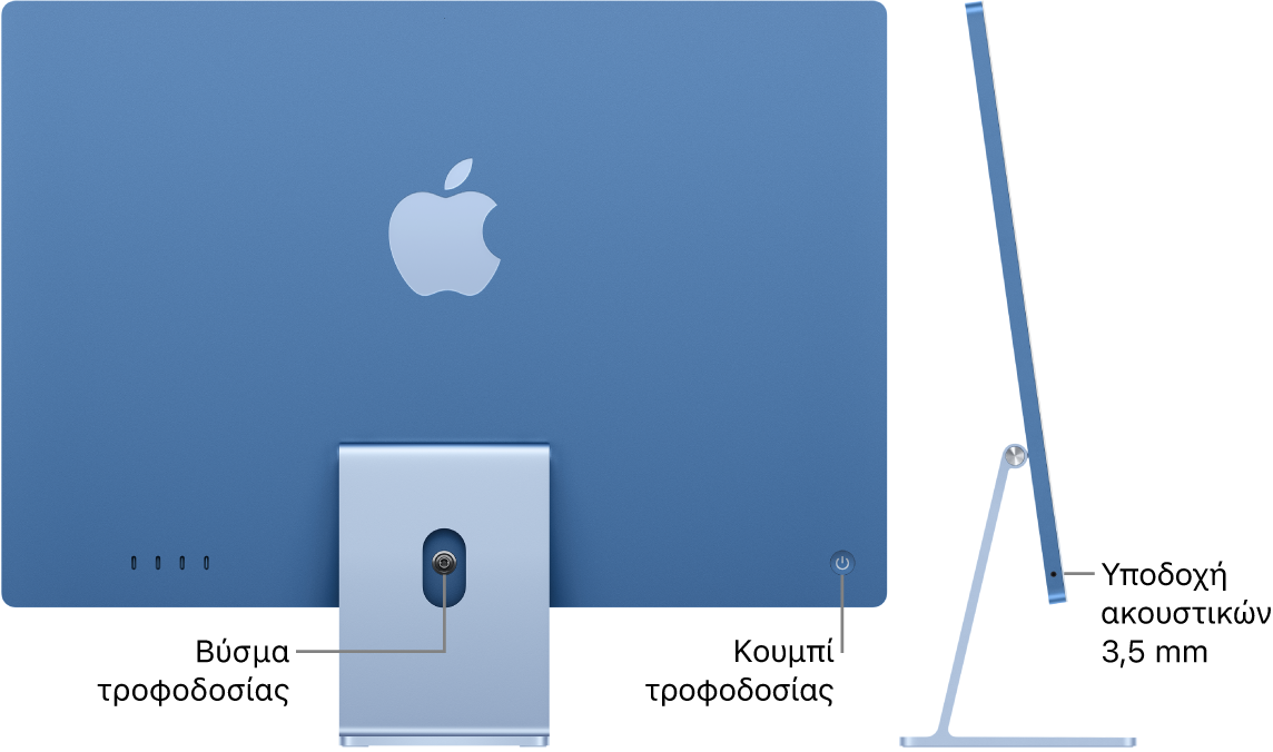 Πίσω όψη ενός iMac όπου φαίνονται η υποδοχή τροφοδοτικού και το κουμπί τροφοδοσίας. Δίπλα βρίσκεται μια πλευρική όψη που δείχνει την υποδοχή ακουστικών.