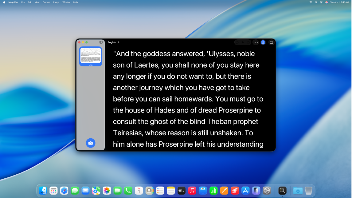 The Magnifier app showing an excerpt from a book displayed at a larger size..