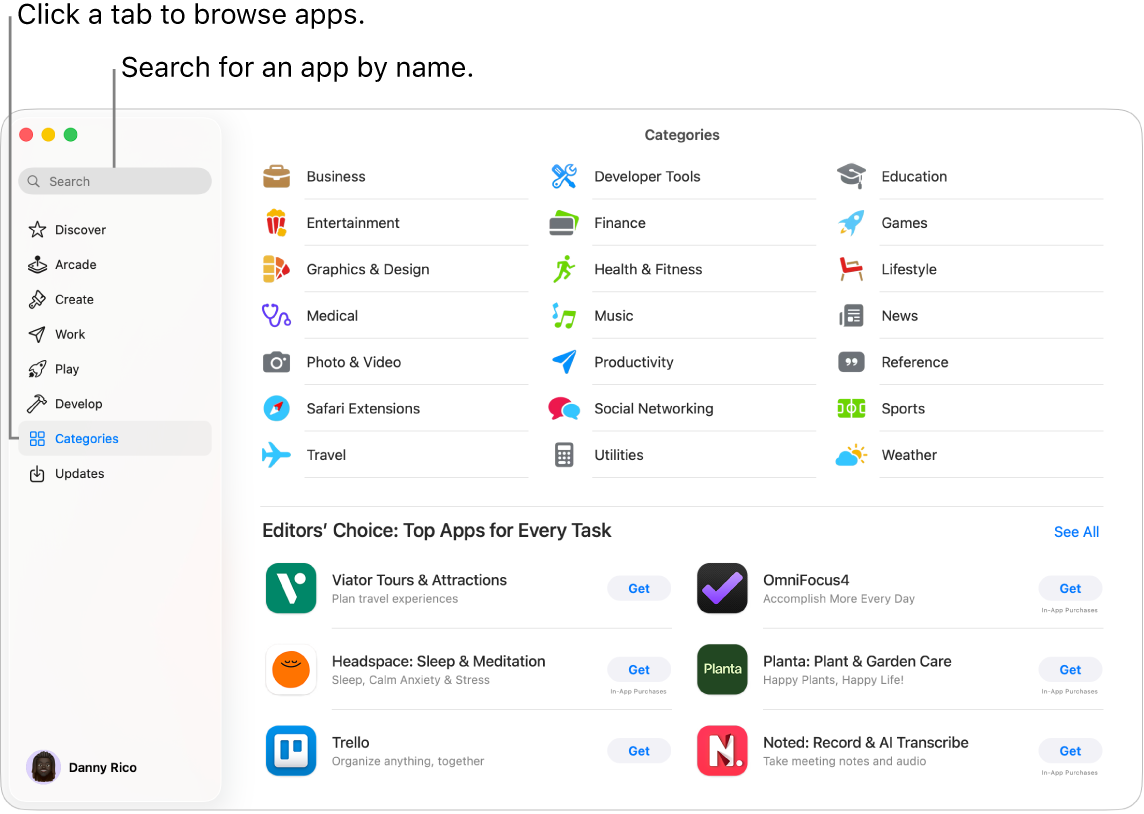 The App Store window showing the search field and categories of apps.